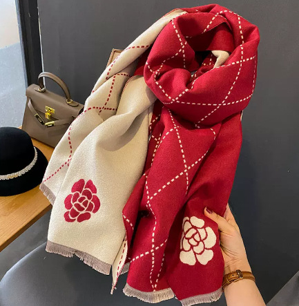 2023 Small Fragrant Camellia Imitation Cashmere Scarf Female Summer Korean Version Of The Office With Temperament Double-Sided Bib