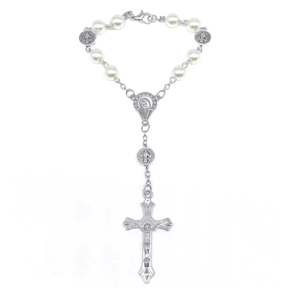 European And American Foreign Trade Cross-Border Hot Sales Black Glass Beads White Imitation Pearl Rosary Bracelet Drop Oil Cross Beaded Nine-Word Needle Curved Needle Bracelet Manufacturers Wholesale details Picture
