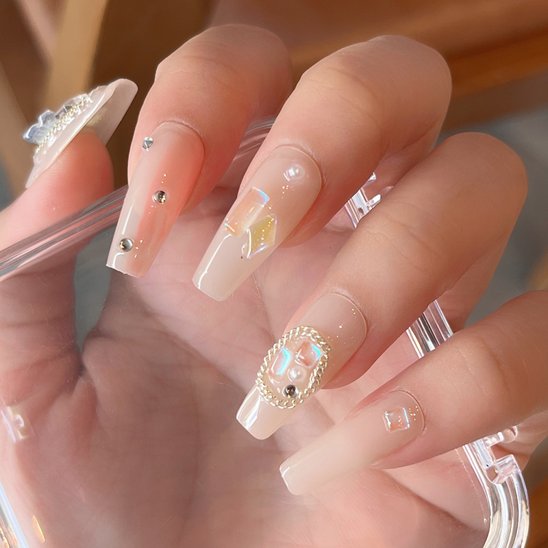 Yuning Light Luxury Glass Moonlight Wear A Hand-Made Aurora Drill Nail Nail Patch In The Long Bride Fake Nails Finished details Picture