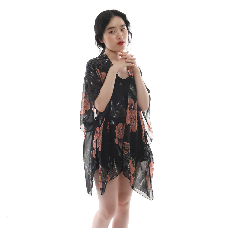 Four Seasons Big Flower Chiffon split scarves, chiffon silk scarves, fashionable air conditioning shawls, vacation and travel beach scarves, cross-border wholesale