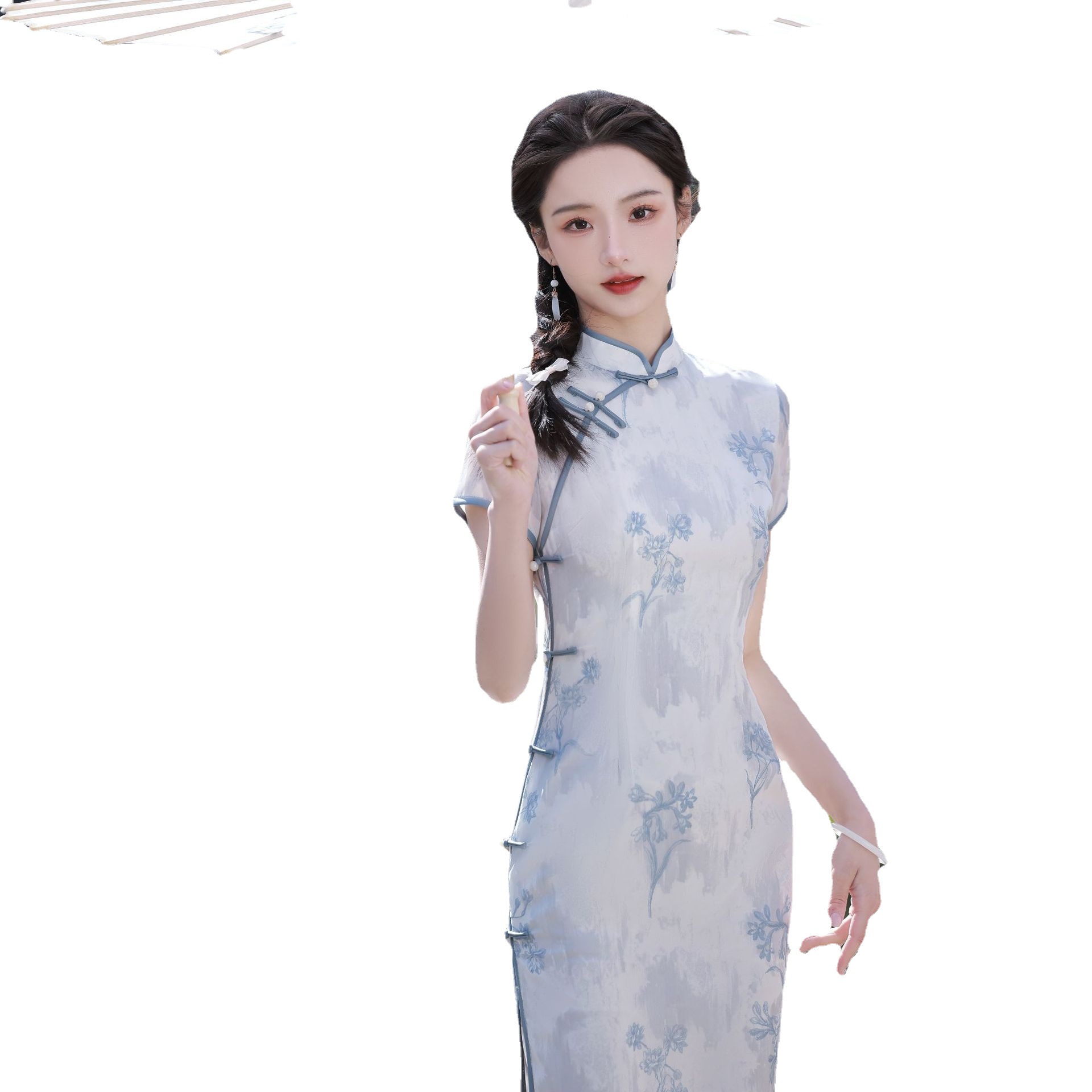 New Chinese-style traditional Chinese dress chiffon girl blue elegant cheongsam 2023 Spring/Summer New style improved cheongsam Item Picture