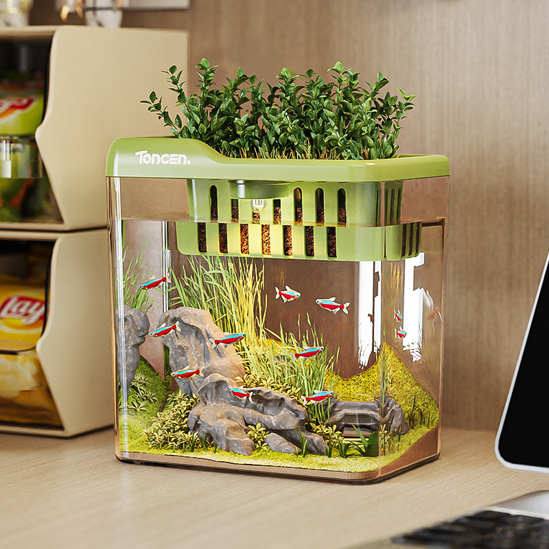 Acuario sala de estar nuevo nuevo pequeño pez rojo tortuga de mantenimiento doméstico imitación de vidrio transparente pequeño escritorio de oficina eco tank Application Scenario