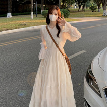 French tea break Fairy flared sleeve dress Female spring 2024 new design pressure pleated waist slimming long dress