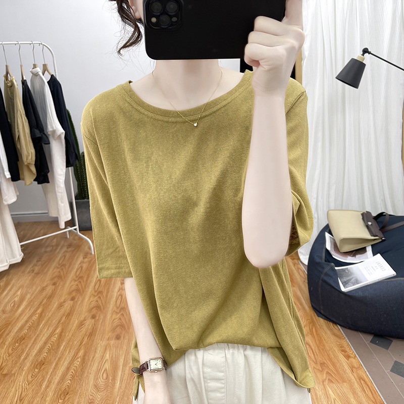 Retro cotton and linen T-shirt, linen short-sleeved white T-shirt, women's thin top, summer Korean-style round-neck loose and breathable base layer Specification image
