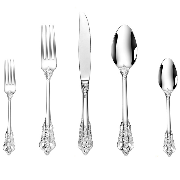 Retro carved handle stainless steel knife, fork and spoon set, light luxury and high appearance level hotel gift tableware set of four pieces Item Picture
