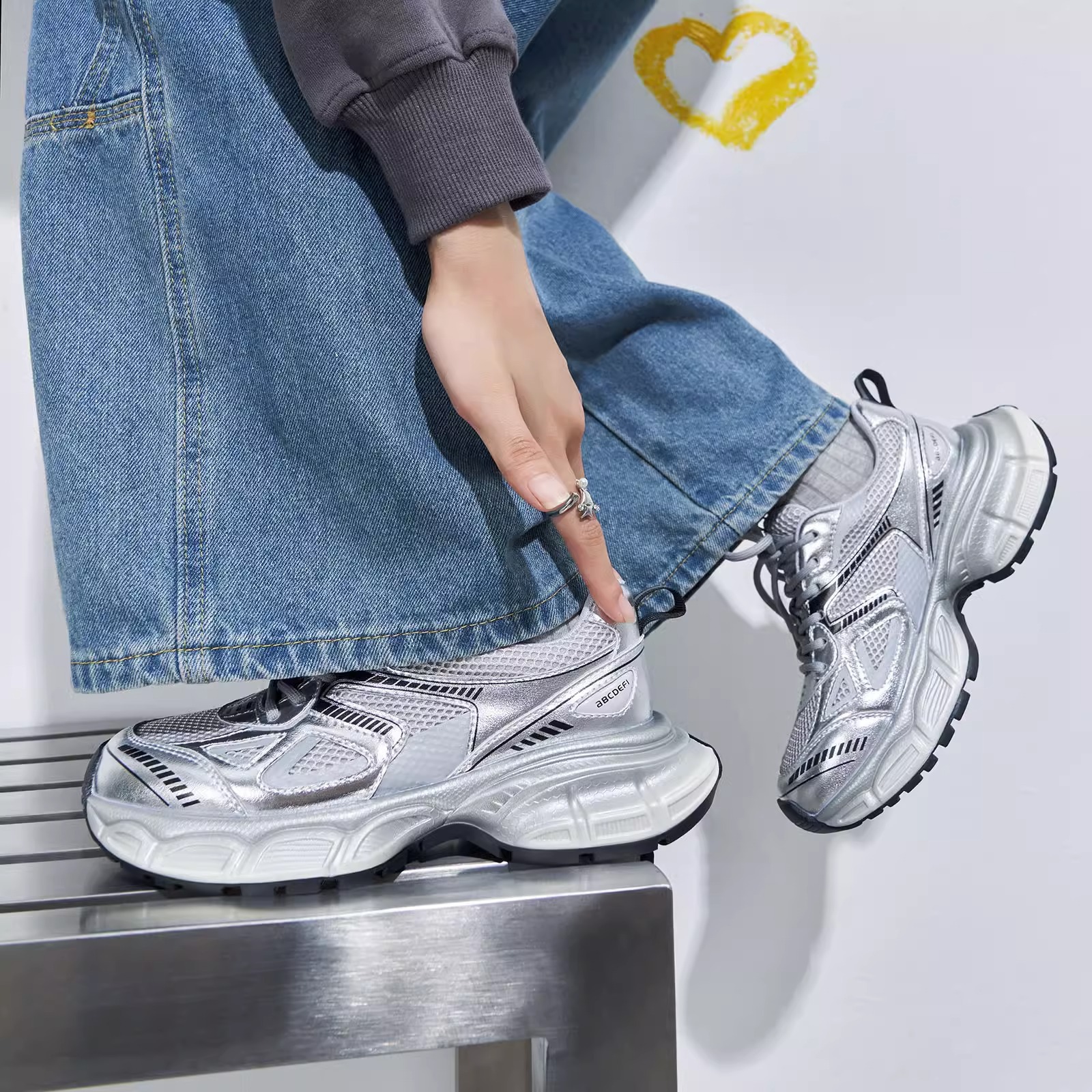 Garoa ~ Masuism 2024 New Ins Tide Platform Silver Daddy Shoes Women's Sports Shoes Casual Running Shoes
