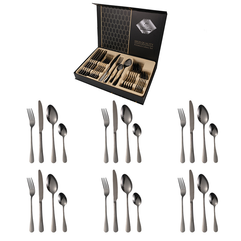 Cross-border Amazon stainless steel tableware, 24-piece set of four main items for Western cuisine - knife, fork and spoon, gold-plated gift box tableware set Item Picture