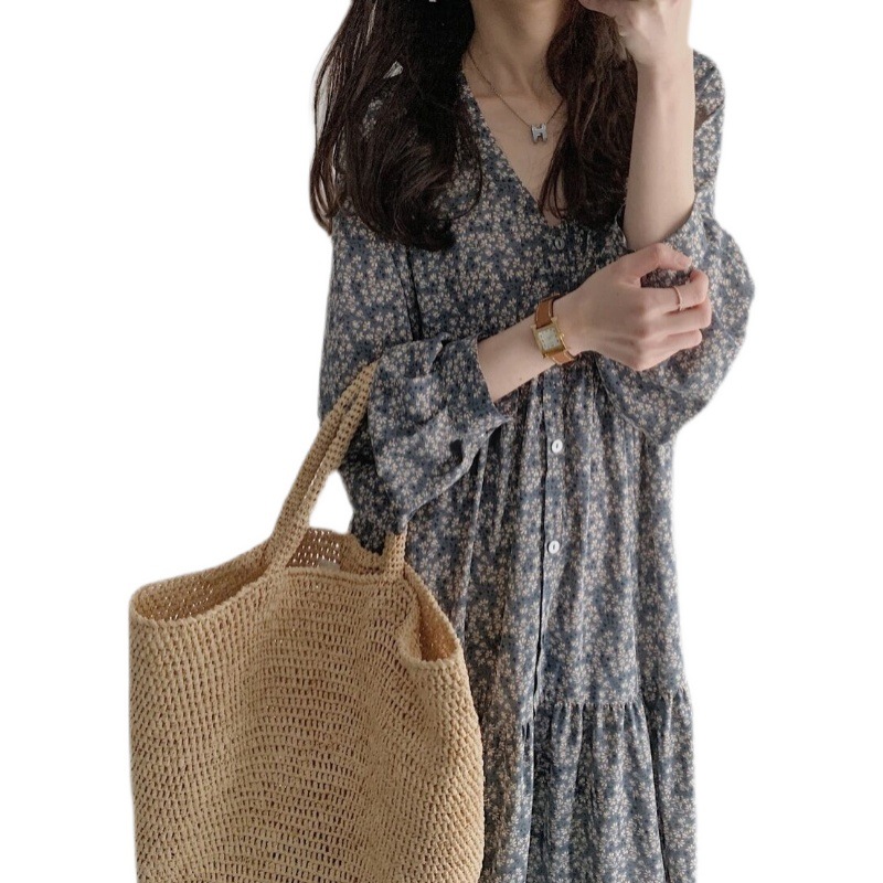 South Korea Dongdaemun 2023 Spring New French Flower Flower Long Sleeve Hepburn Style Ruffled Long Dress Item Picture