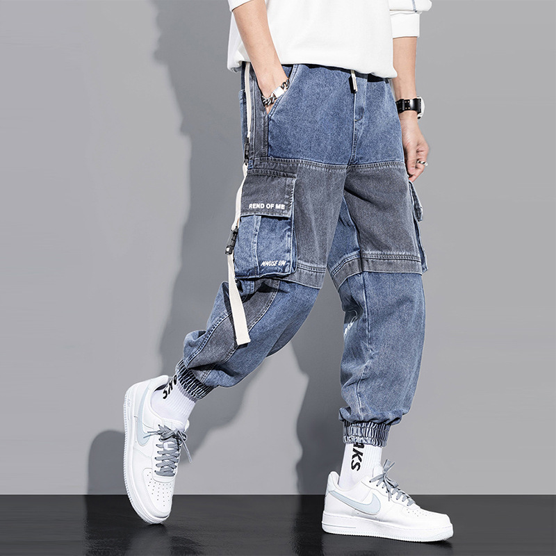 Fall patchwork jeans Men's fashion label streamer hip hop trend Haren baggy legs multi-pocket cargo pants