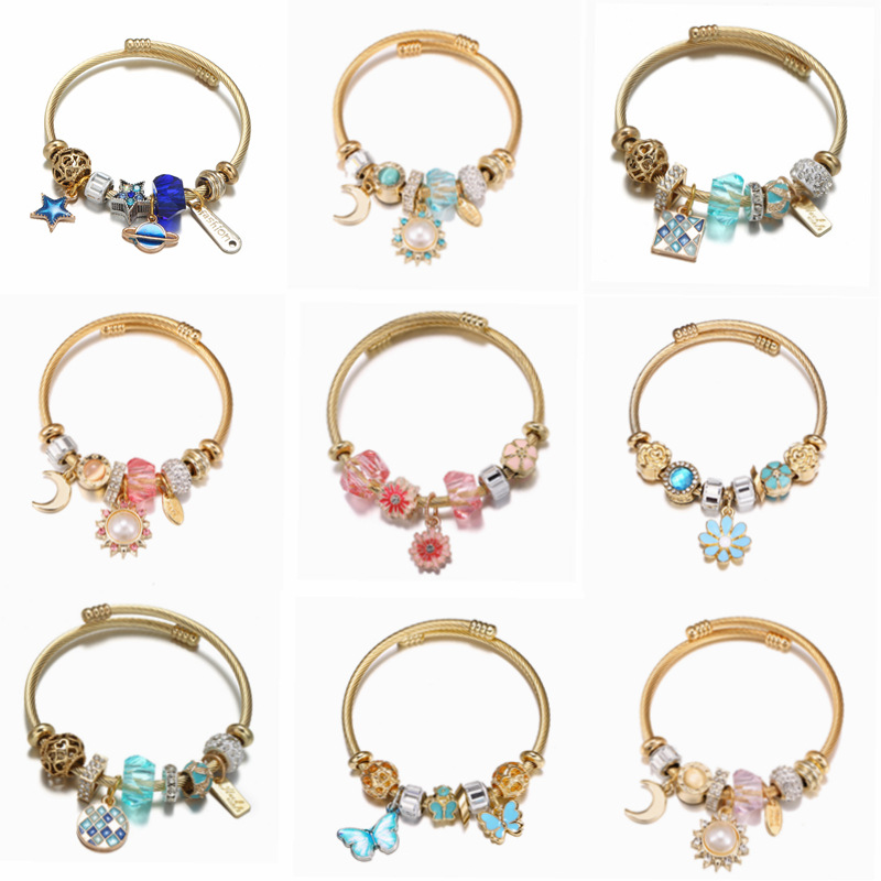 Oly Magic Bracelet 0404 Stainless Steel Bracelet Series Star Mosaic Sunflower Pendant Gold Open Bracelet Diy Beaded Bracelet For Women Item Picture
