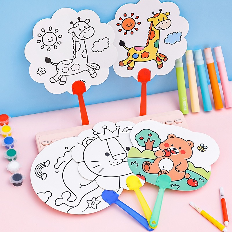 卡通DIY涂鸦扇 学生手工填色绘画圆形小扇子 幼儿园益智奖励礼品
