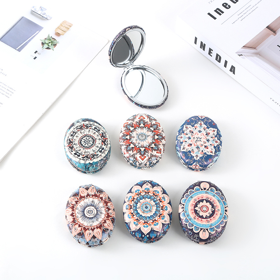 复古椎圆钻粉民族风双面折叠便携化妆镜厚款补妆镜日用百货详情2