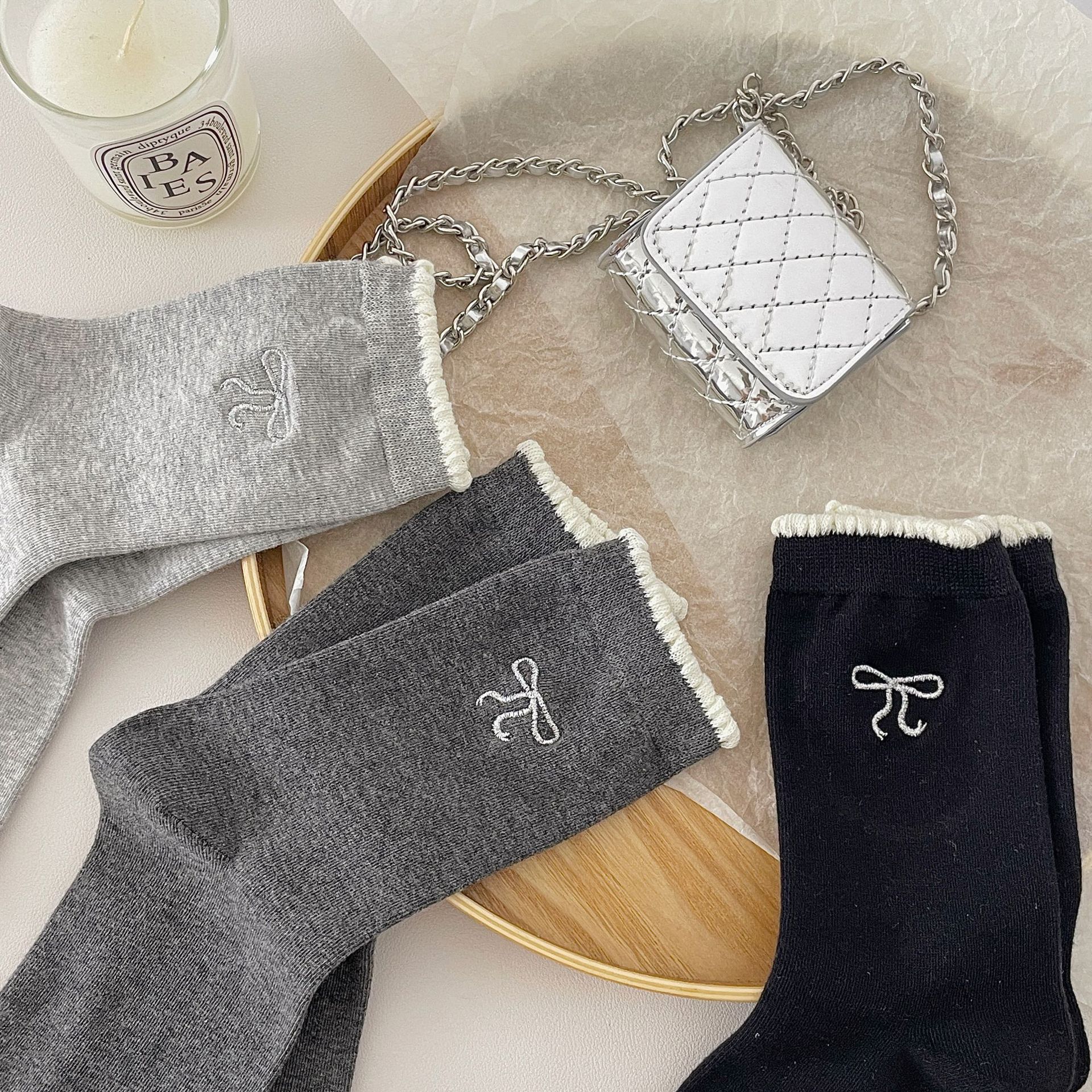 One-piece consignment of socks from the street stall: ballet-style lace embroidery bow socks, combed cotton Japanese-style miu style white mid-calf socks, grey pile socks pic 23