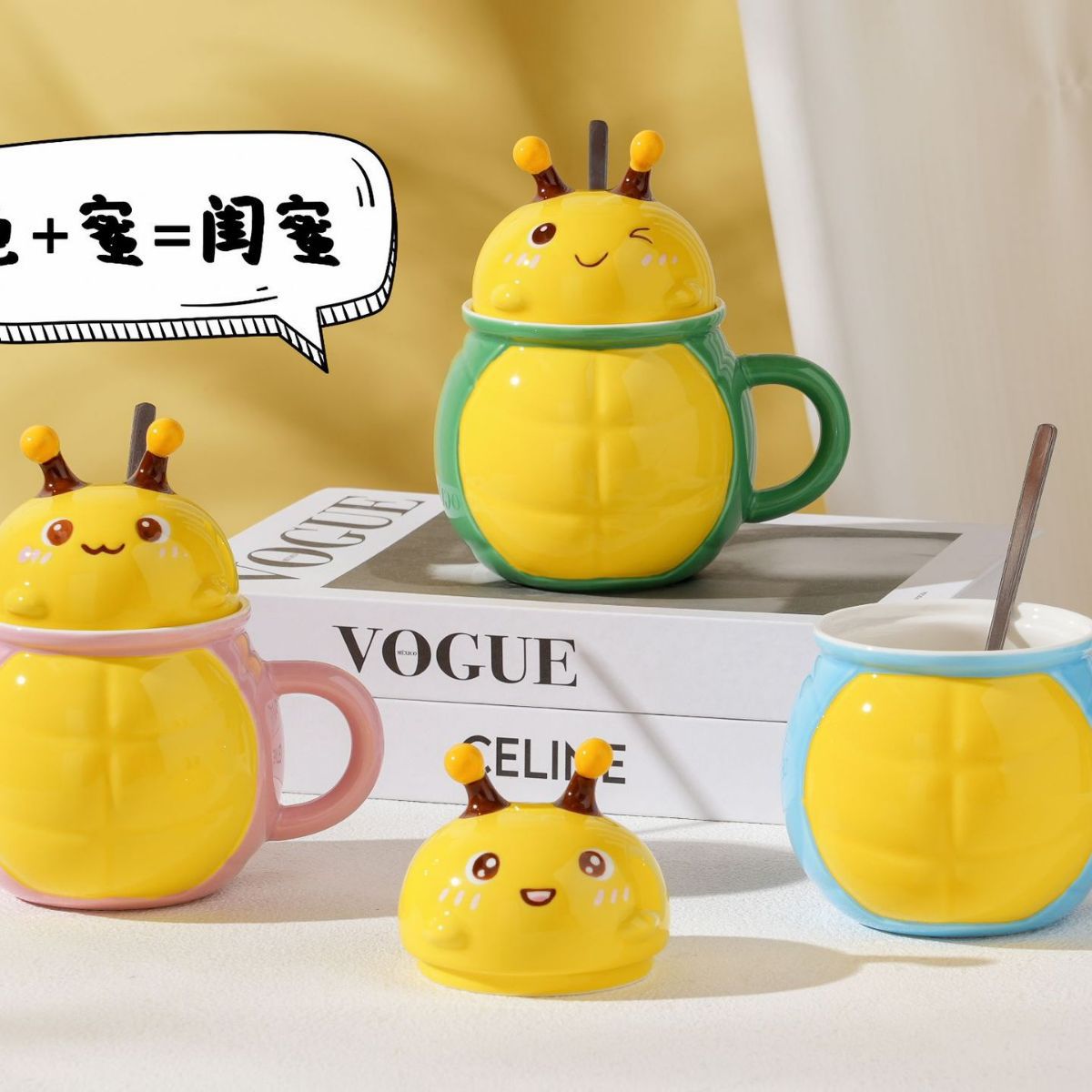 Cute and niche creative cartoon ceramic cups with LIDS for girls, funny birthday gifts for best friends, and high-quality appearance mugs