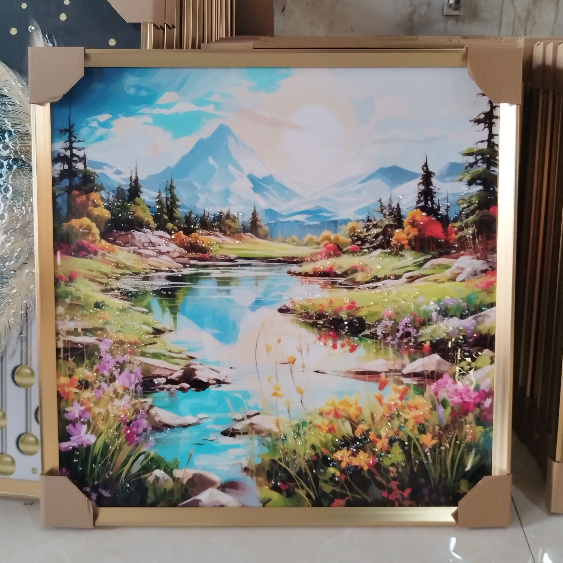 Foreign trade diamond-encrusted crystal porcelain painting restaurant square beautiful scenery leaves still life style decorative painting Europe and the United States popular hanging paintings thumbnail
