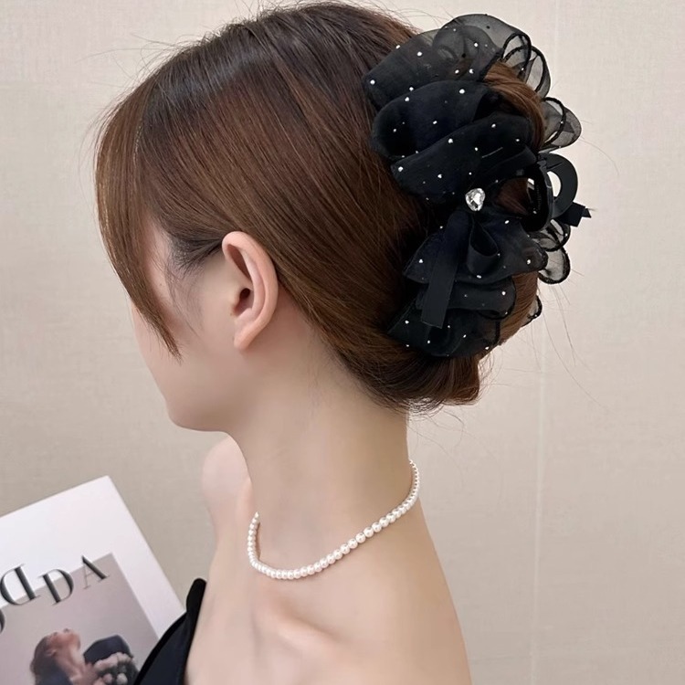 Premium Sense Cloud Dot Mesh Clip Female Full Star Rhinestone Bubble Back Head Shark Clip Bow Hair Clip details Picture