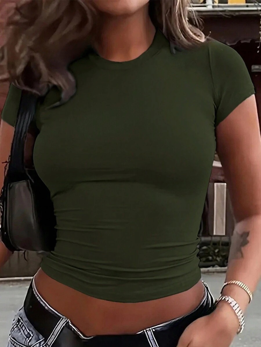 2026 amazon temu hiyin estilo europeo y americano explosión color sólido cuello redondo básico manga corta estilo corto camiseta transfronteriza comercio exterior mujeres pic 21