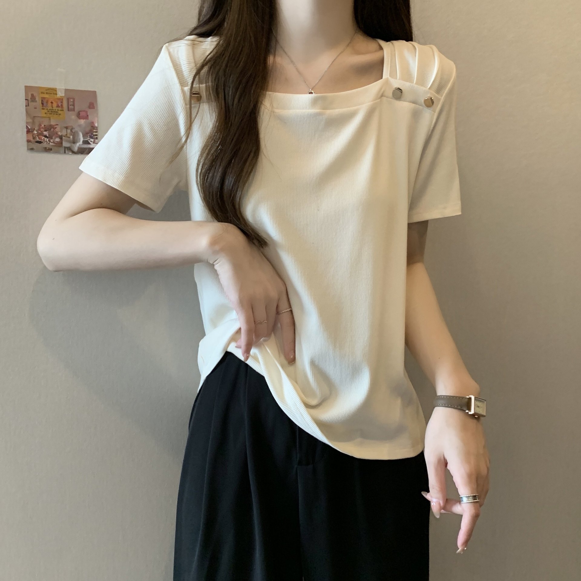 方领正肩短袖t恤女2026年夏季显瘦宽松设计感欧货短袖上衣A11743详情5
