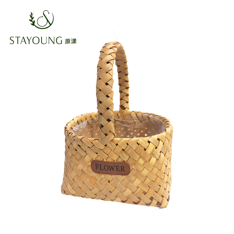 Yuanyang Korean-style rattan and wood chip basket, willow hand-held flower arrangement basket, hand-woven fruit basket, straw flower basket Specification image