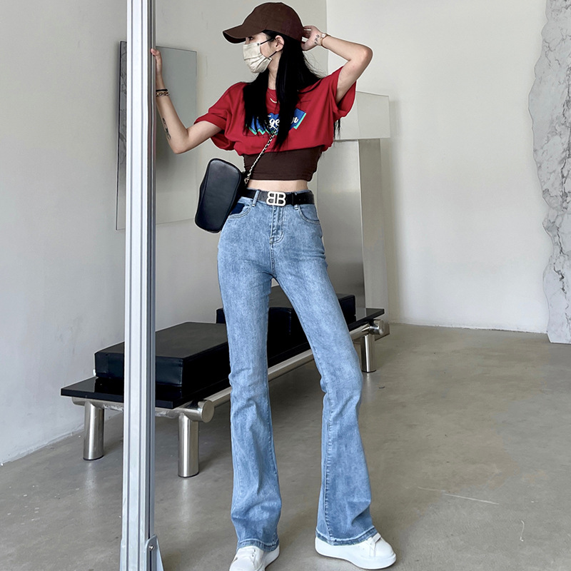Trendy and hot girl jeans for women's autumn and winter, high-waisted, slimming, tight, elastic, slightly flared pants with a belt Application Scenario