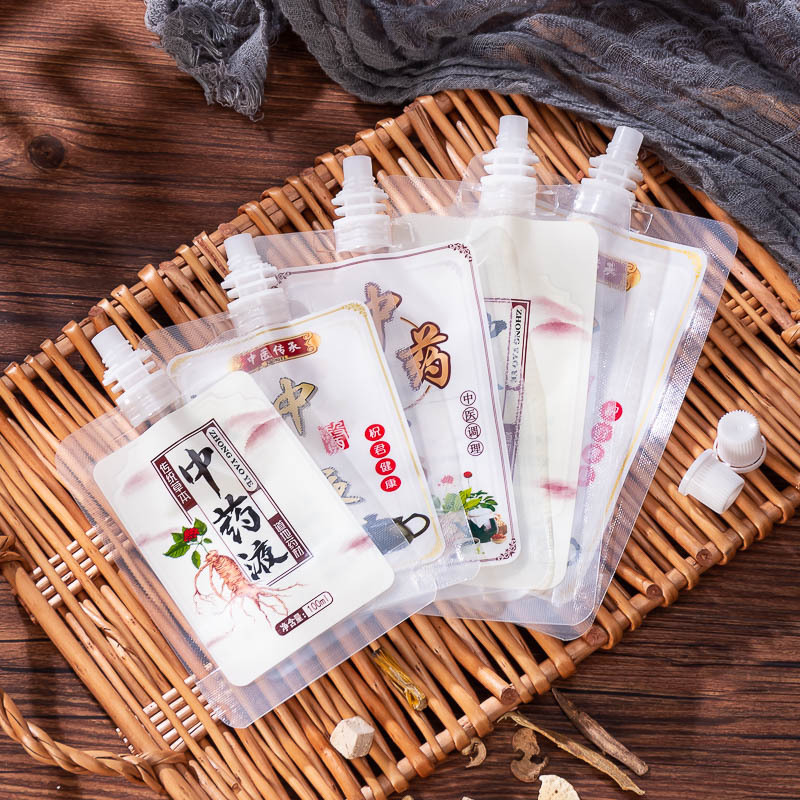 The self-standing spout bag for traditional Chinese medicine liquid in pharmacies can be refrigerated, heat-resistant and thickened. It is a disposable liquid bag for herbal tea shops Specification image