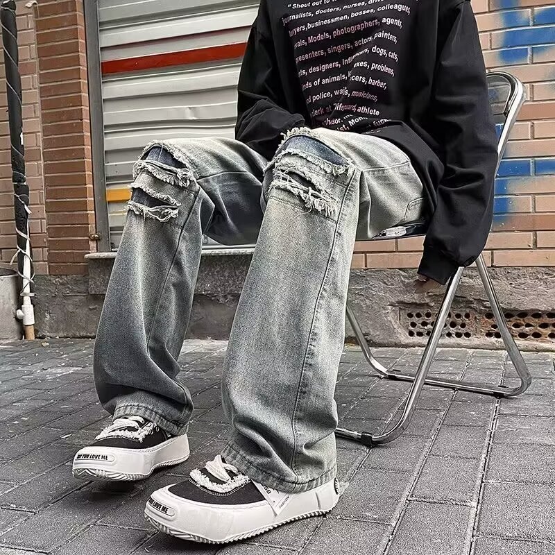 Slightly flared soft jeans for men, spring and summer with holes, stylish washed American retro casual long pants for teenagers and students Application Scenario