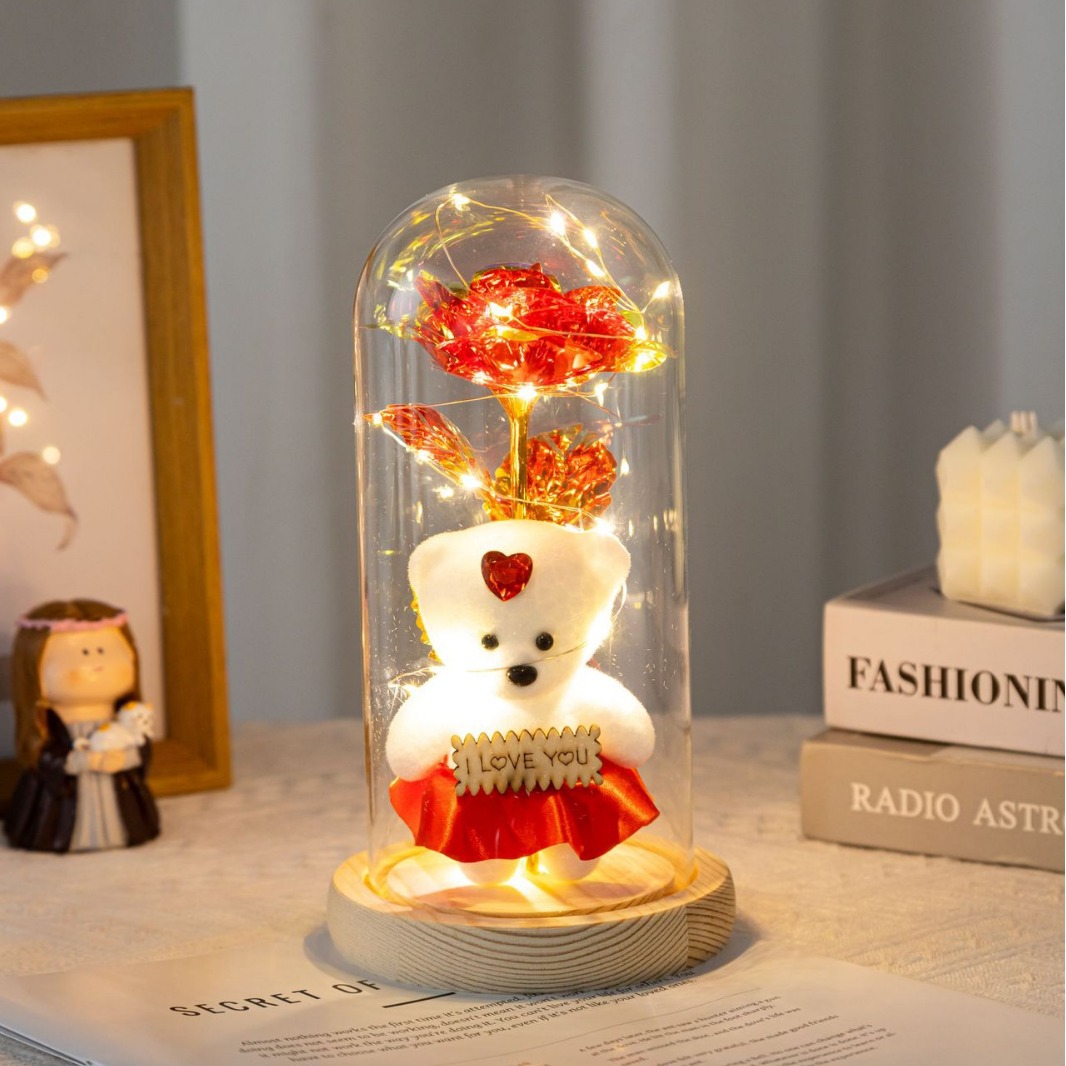 玻璃罩玫瑰花仿真摆母亲节礼物金箔花泡沫熊灯发光装饰品创意摆件产品图