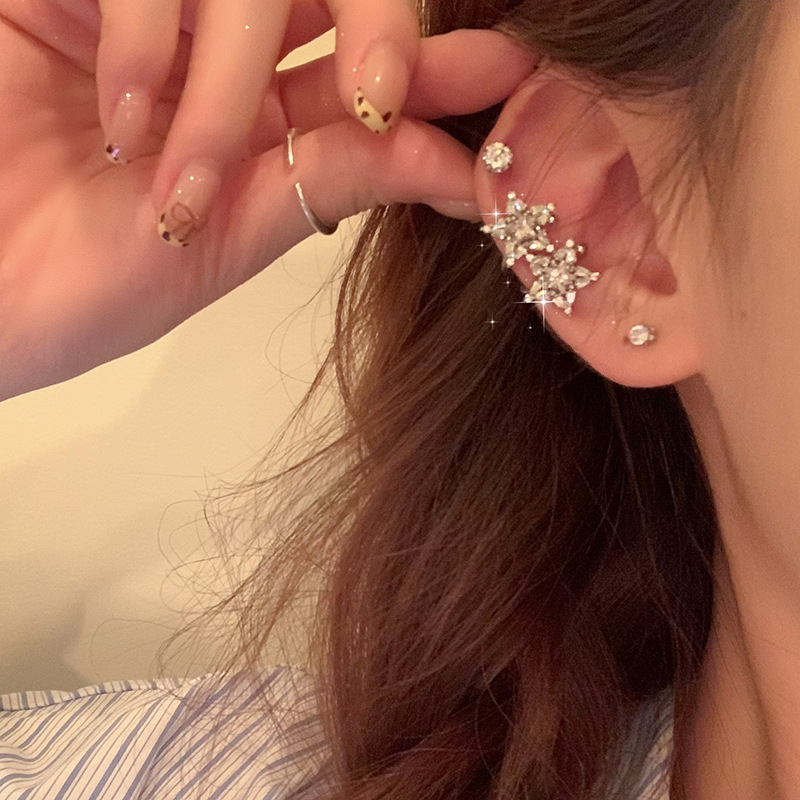 Zirconium double Star ear clip without ear holes, unique, exquisite and high-end, light luxury style, ear bone clip earrings for women details Picture