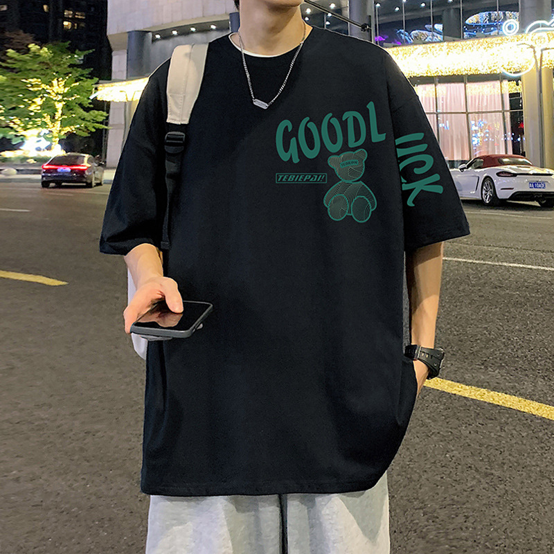 "National trend bear print short-sleeved T-shirt for men, 2024 Summer new style loose pure cotton thin T-shirt Casual base layer. details Picture