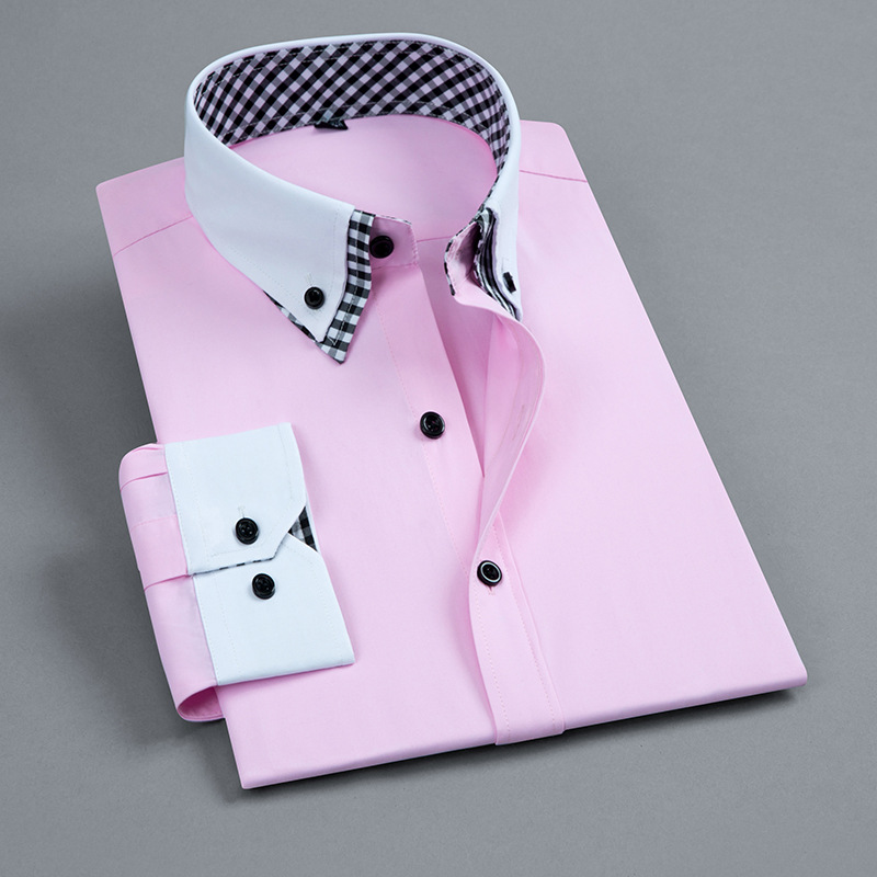 Cross-border men's color-blocking shirt, men's long-sleeved no-iron, anti-wrinkle, business casual, professional formal wear, cotton design sense shirt Specification image