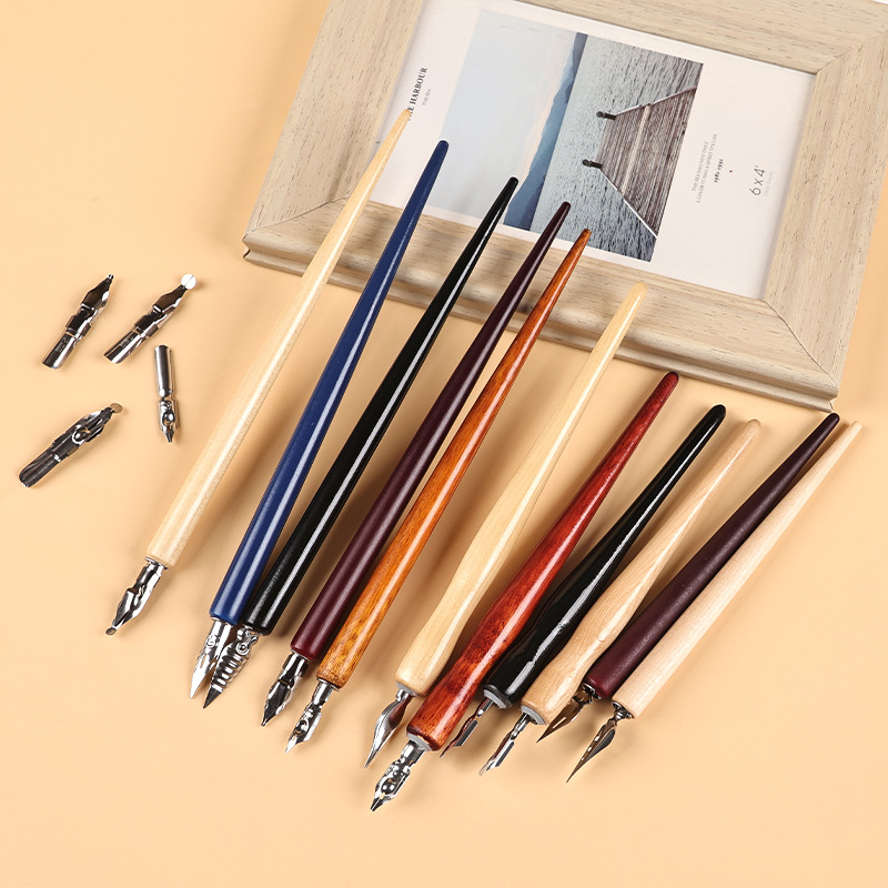 New dip pen solid wood stick art English calligraphy comic pen set with interchangeable pen tips, wooden stick handmade pen wholesale Specification image