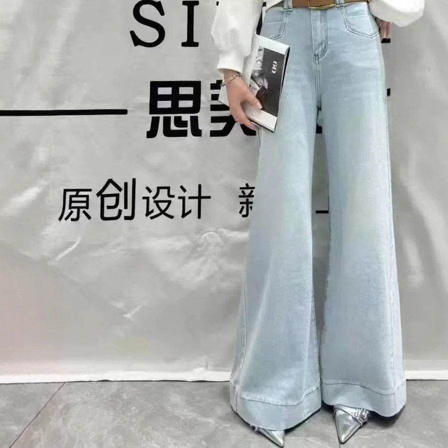 Korean high-waisted loose, casual wide-leg jeans for women in spring, simple and versatile, light blue straight-leg long pants