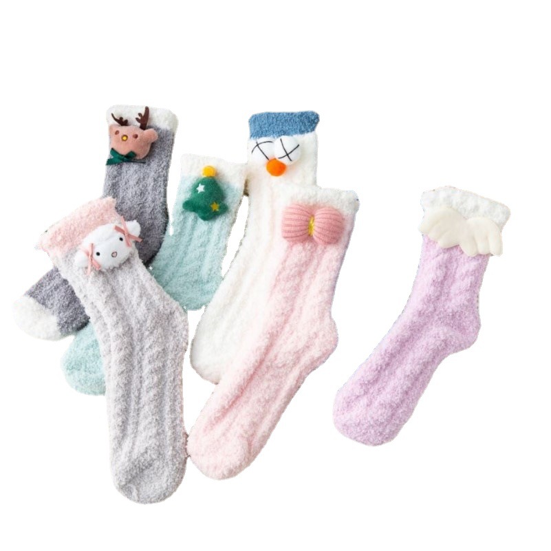 Dolls, twisted girls' socks, thick and warm for autumn and winter, cute cartoon dolls, coral fleece mid-calf socks, home sleep socks Item Picture