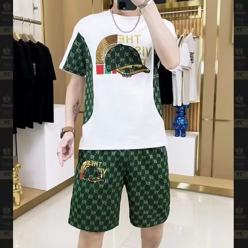 European men's summer short-sleeved T-shirt casual set, a trendy brand 2024 new men's shorts set for matching Specification image
