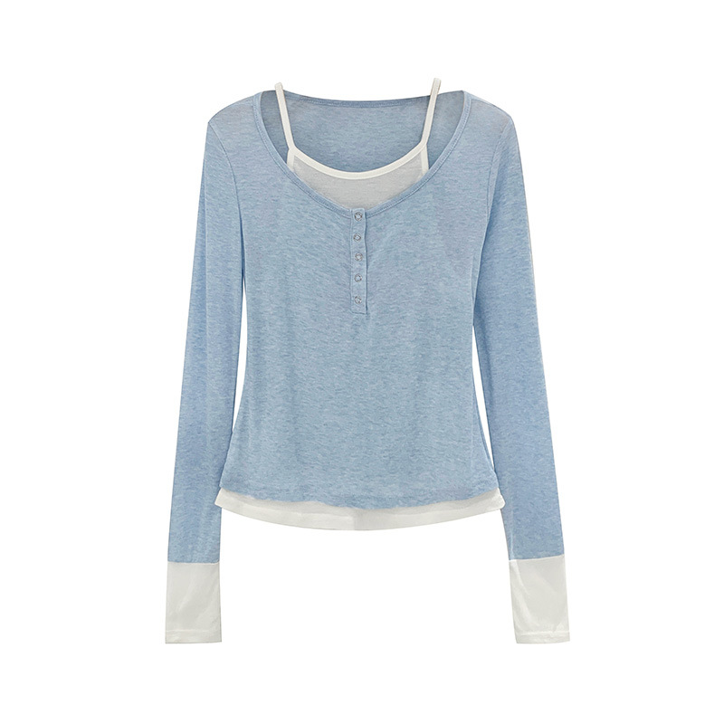 Lyocell Tencel wool base layer, color-blocking fake two long-sleeved T-shirts, women's fashion 2025 Spring New top Item Picture