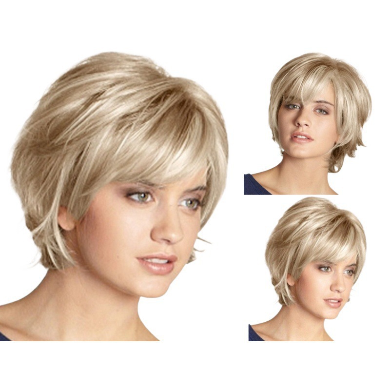 Cross-border foreign trade women's short straight hair, natural and fluffy, side-swept bangs, golden white wig, high-temperature silk synthetic fiber short wig