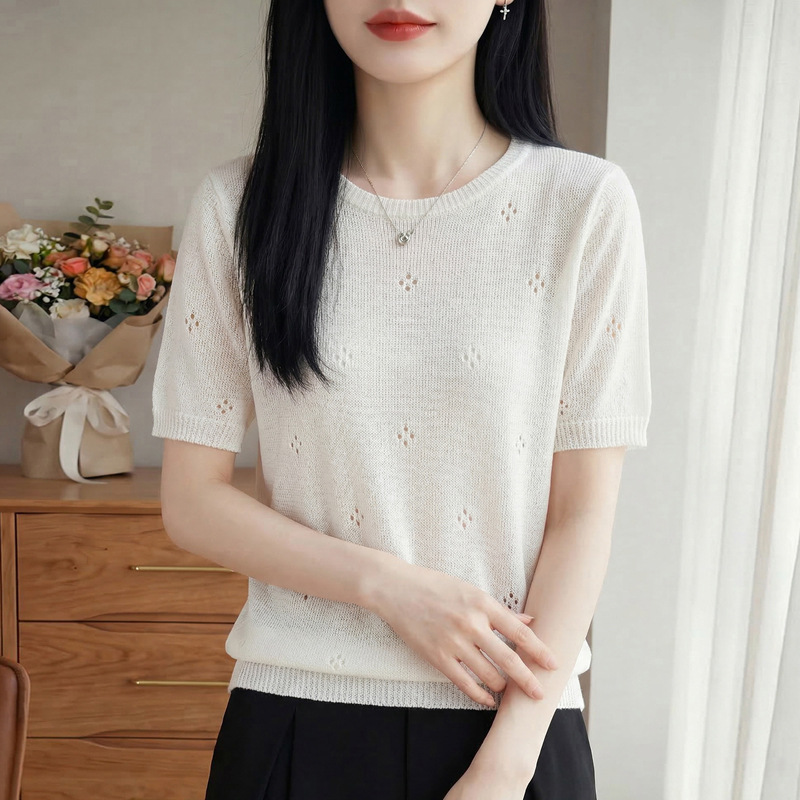 Spring/Summer 2026 new style paper yarn round-neck knitted sweater, short-sleeved women's cutouted solid color pullover base layer T-shirt