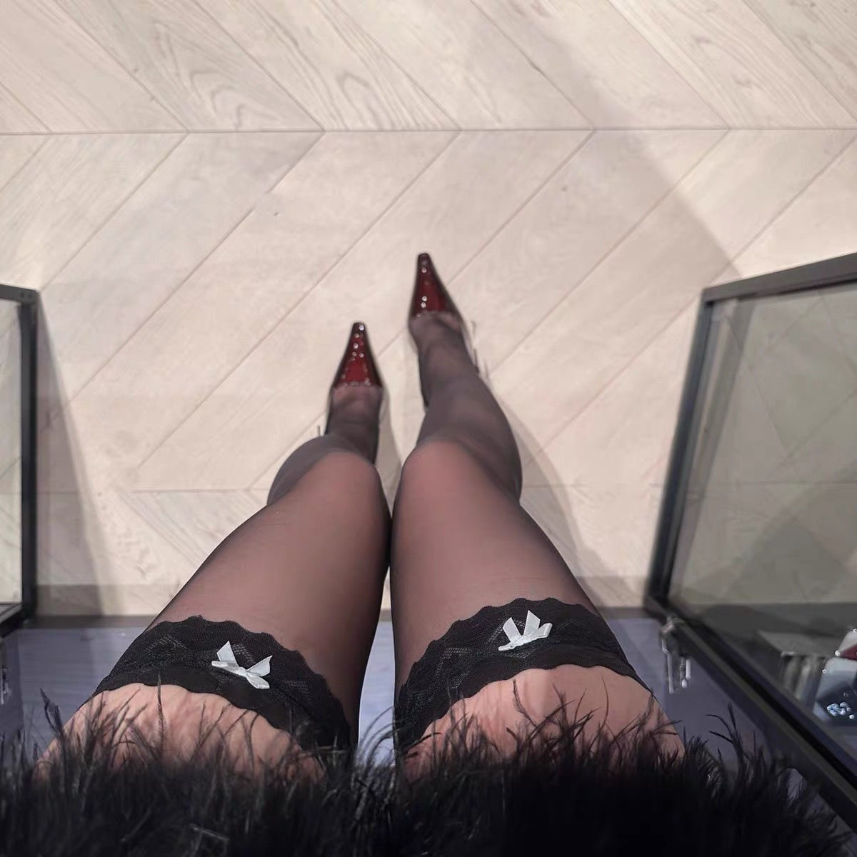 新款红边蕾丝花边过膝袜情趣长筒黑丝超薄长款大腿围蝴蝶结丝袜女详情3