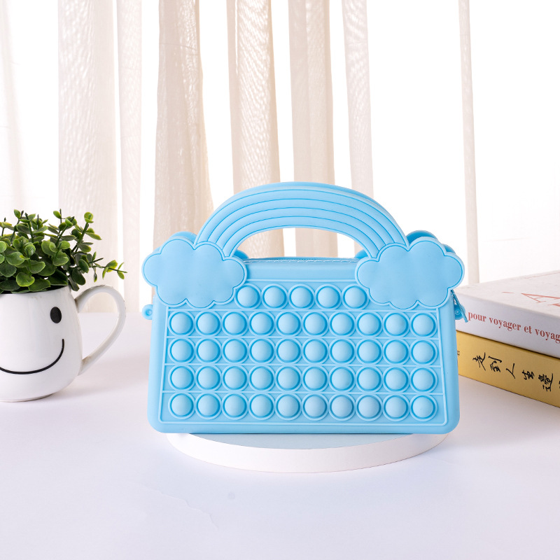 New rat Killer Pioneer solid-color silicone children's coin purse, rainbow hand-held double-sided bubble shoulder strap bag, in stock, stress-relieving bag toy details Picture