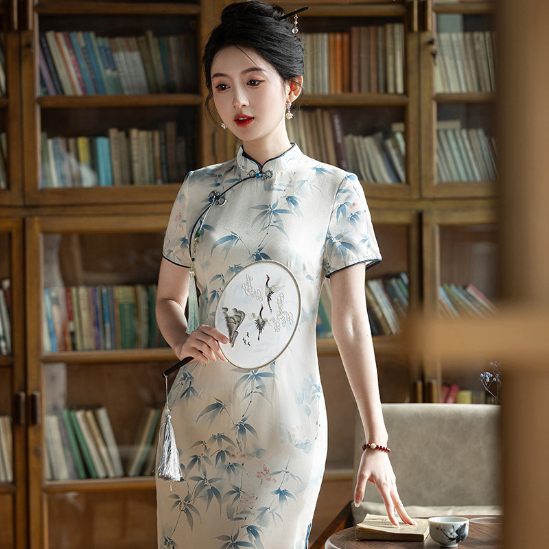 Fresh and elegant bamboo leaf long double-layer style slimming cheongsam short-sleeved new Chinese-style stand-up collar 2025 Summer new style Specification image