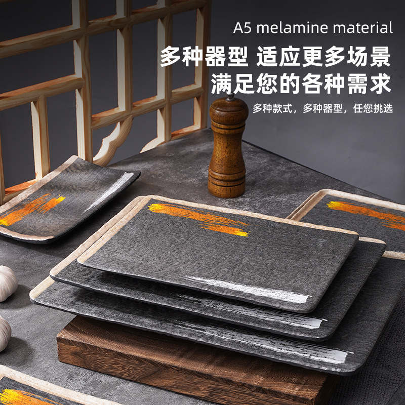 Rectangular commercial melamine plastic retro creative and personalized tableware for barbecue restaurants, imitation porcelain hot pot plates Application Scenario