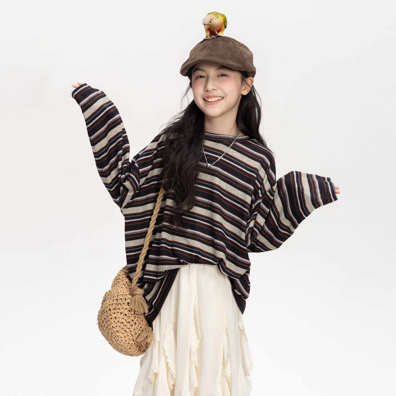 女童撞色条纹长袖t恤2025秋冬新款儿童韩版慵懒风宽松打底衫上衣