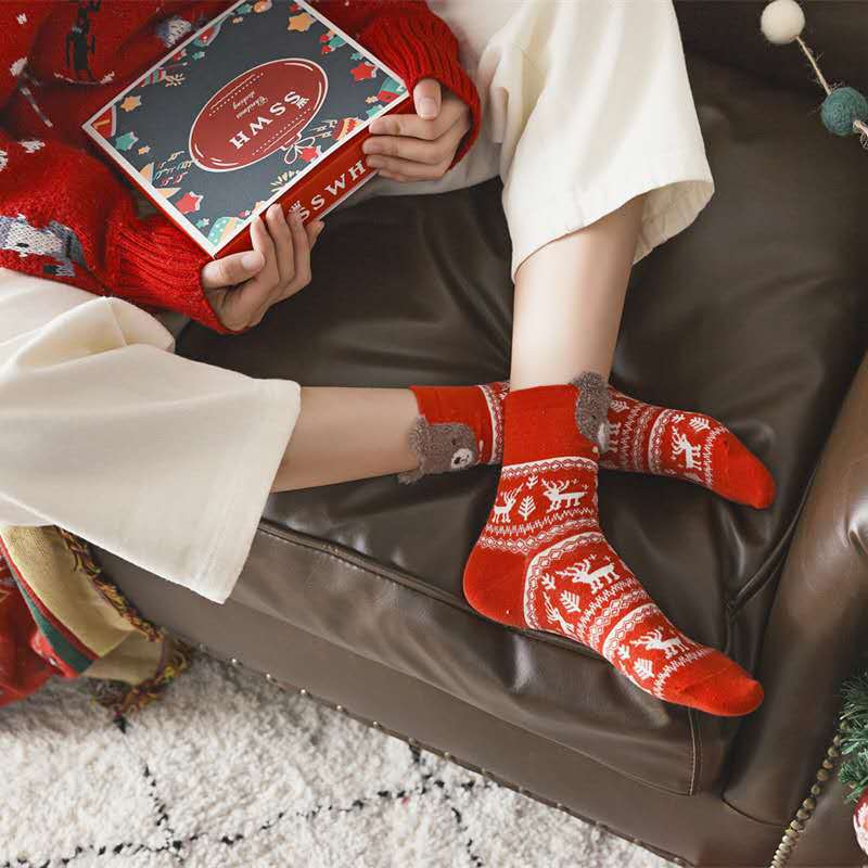 礼盒圣诞袜跨境 秋冬款中筒袜子女 圣诞袜盒装可爱卡通红色礼盒袜详情图3