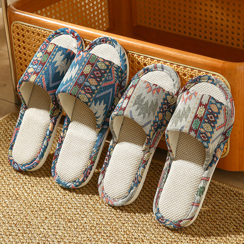 Linen slippers for women, spring and autumn household, couple indoor, silent and anti-slip, all-season cotton and linen cloth slippers for men, homestay hotel Specification image