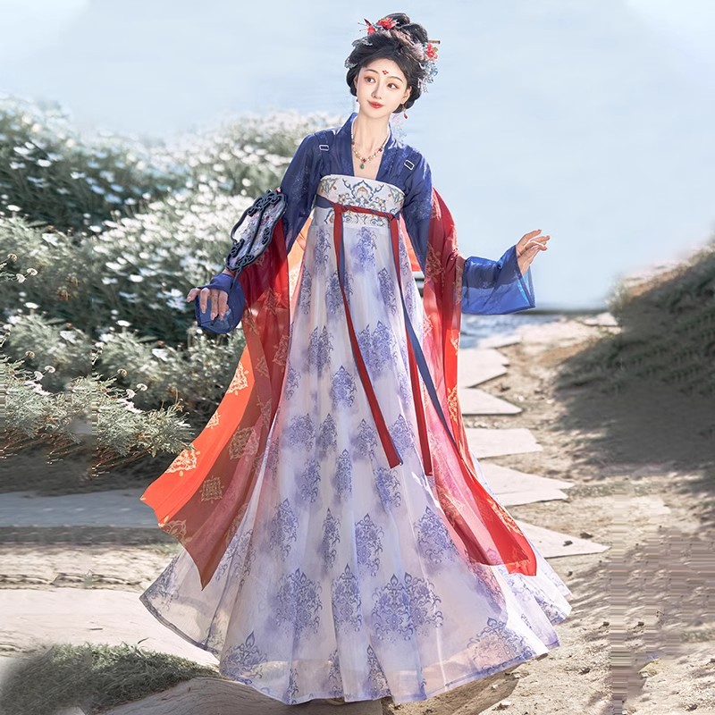 Original Tang-style Hanfu of Chinese trend [Never too Late] Tang-style restored chest-length blouse and skirt with Chinese style embroidery spring and summer blue and white porcelain details Picture