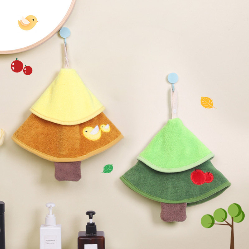 Cartoon cute little tree double-layer coral fleece hand towels, Kanglewu hanging thickened absorbent hand towels wholesale