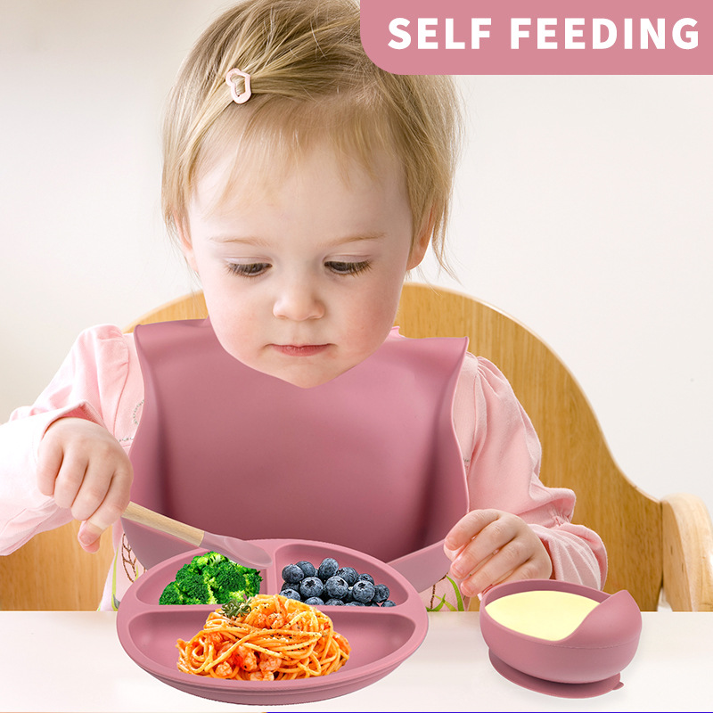 Cross-border best-selling children's split complementary food silicone bowl, fork, spoon, bib, five-piece plate set, shock-resistant suction cup set details Picture