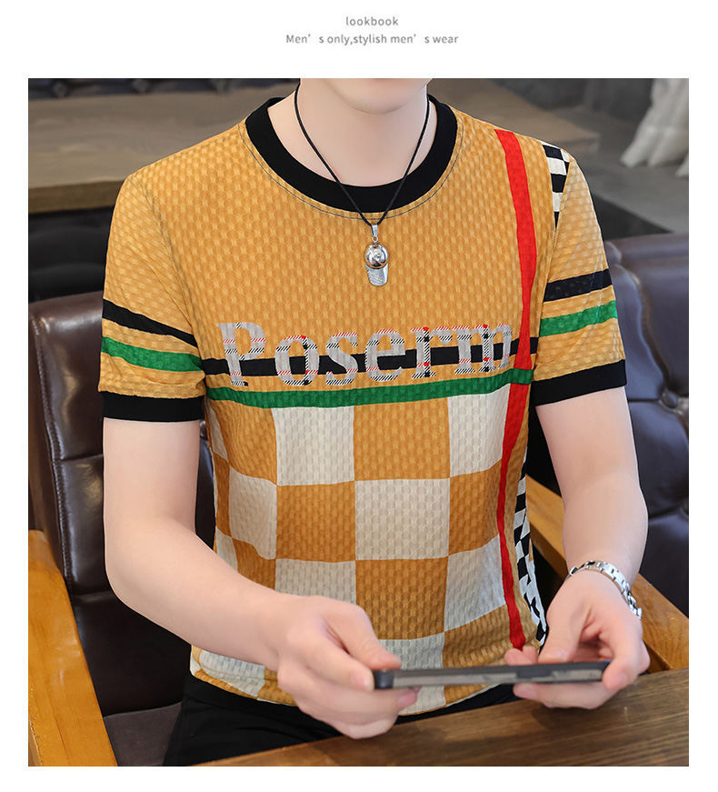 2024新款夏男士夏季冰丝锦纶提花短袖 时尚休闲T恤M-5XL可穿200斤详情15