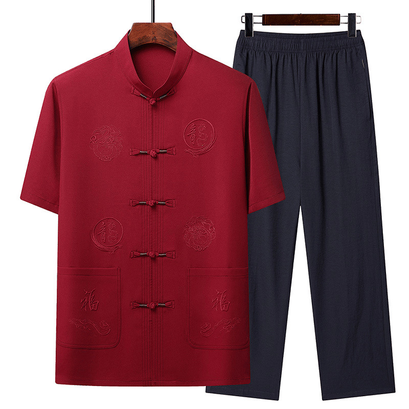 国潮棉麻中国风唐装套装休闲男服装夏季中老年民族风短袖爷爷爸爸薄款