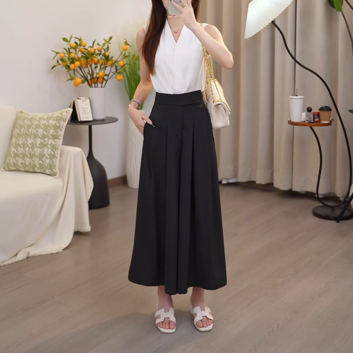 Summer Korean style petite high-waisted skirt pants for women, loose and slimming with a sense of texture, thin casual wide-leg pants, others details Picture